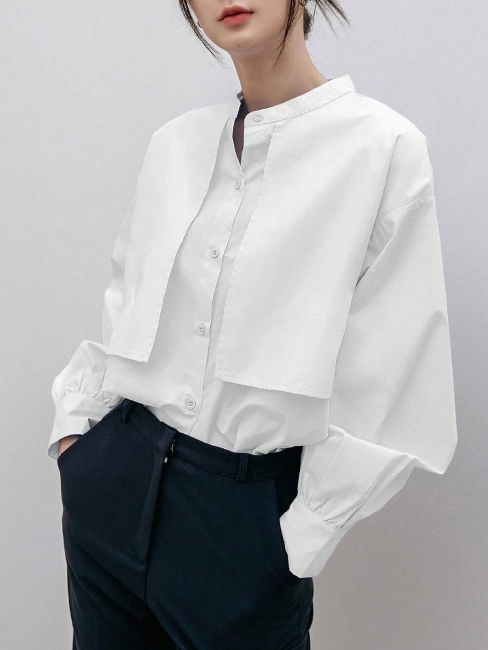 White Casual Oversized Drop Shoulder Button Stand Collar Long Sleeve Shirt - Picture 6 of 12